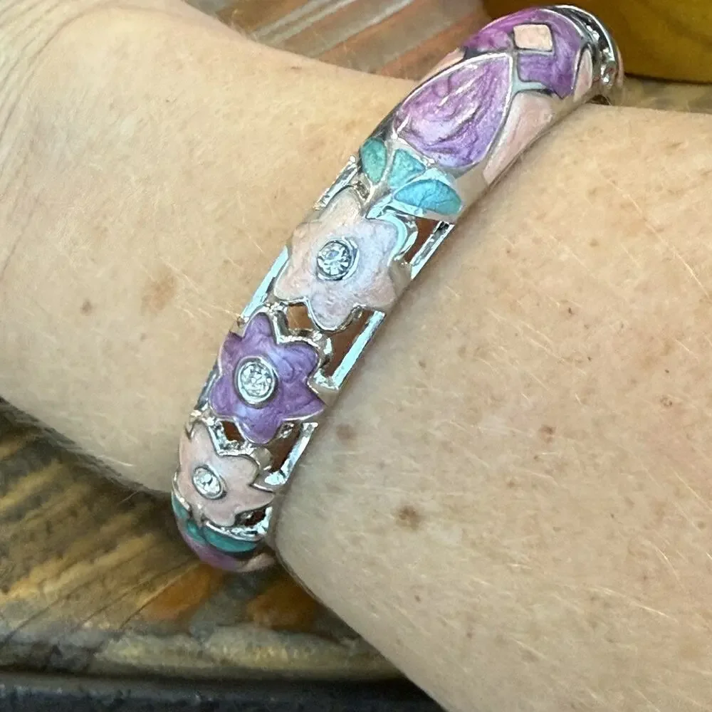 MultiColor Floral Enamel Bangle Bracelet Pearl Pink Purple
